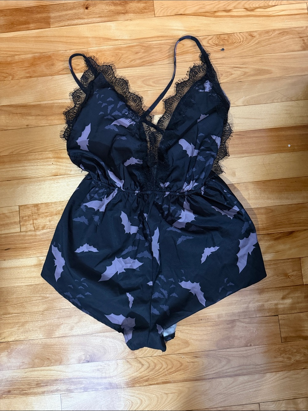SHEIN Black Satin Romper with Purple Bat Print & Lace Trim
